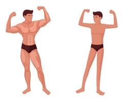 Muscular and weak man. Powerful bodybuilder stands opposite thin character vector