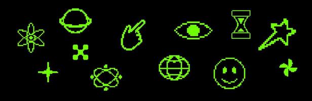 Pixel galaxy elements with retro swirls and tech graphics. vector