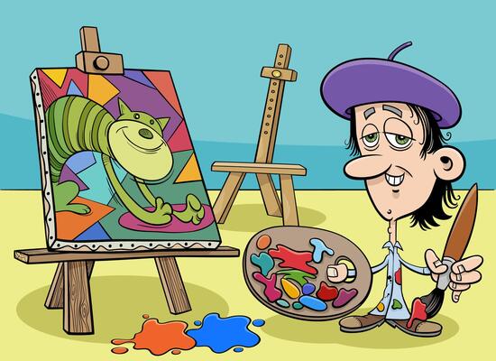 funny cartoon artist painter character in his studio