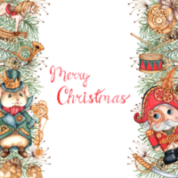 Nutcracker and Mouse King with fir branches, pine cones, watercolor illustration. Forest plants for winter Christmas and New Year decoration isolated from background. Banner, frame, border png