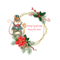 Steampunk nutcracker and mouse king fir wreath with holly, red berries, caramel, poinsettia watercolor illustration. Christmas, New Year decorations isolated from background. Hexagonal geometric frame png