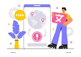 Translator Service Featuring Multinational Language Solutions with a Flat Cartoon Design vector