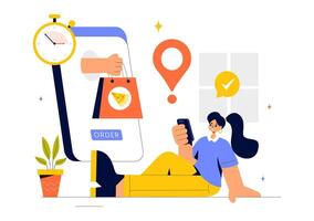 Mobile Food Delivery Service Art with Online Ordering and Doorstep Delivery in a Flat Cartoon Background vector