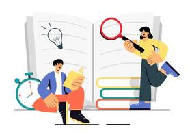 Illustration of a Reading Group Discussing Books and Learning in a Flat Style Background vector