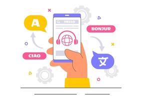 Design of Language Translation Services Featuring Global Dictionaries in a Flat Cartoon Background vector