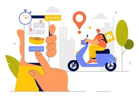 Online Food Service Illustration Highlighting Fast Delivery via Mobile Apps in Flat Style vector