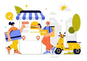 Illustration of Food Delivery App with Ordering and Prompt Delivery in a Modern Flat Design vector