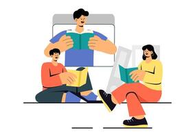 Sharing Stories and Books Illustration of a Reading Club in a Flat Cartoon Background vector