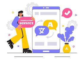 Multilingual Translator Service Illustration with Global Language Translation and Dictionary in a Flat Cartoon Background vector