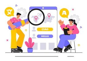 Illustration of Language Services with Multilingual Translation Using a Dictionary in Flat Style vector