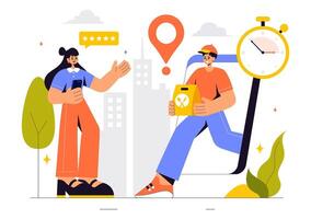 Online Food Delivery Service Illustration with Mobile App Ordering and Quick Delivery in a Flat Background vector