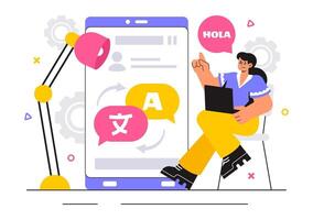 Illustration of Translator Services for Multilingual Communication Using Dictionaries in a Flat Cartoon Style vector
