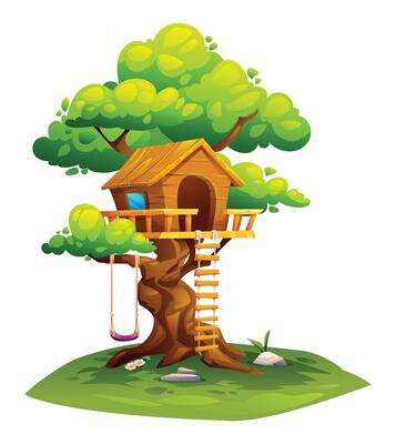 Tree house with wooden ladder and a swing in lush greenery, perfect for outdoor fun. Cartoon illustration