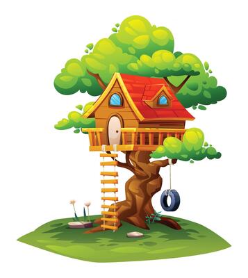 Wooden tree house with tire swing, rustic ladder. House on tree, children playground. Cartoon illustration