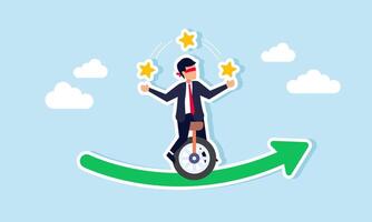 A businessman performing a circus act on a rising green graph by ride a unicycle blindfolded while juggling stars, illustration of risks taken to improve business quality and revenue vector