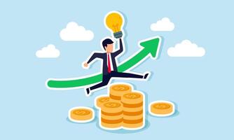 A businessman jumping over a stack of coins in front of a rising green graph while holding a light bulb, illustration of the importance of business ideas to increase profit and revenue. vector