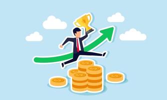 A businessman jump over a stack of coins in front of a rise green graph while hold a trophy, illustration of become a leading company to dominate market share to increase revenue. vector