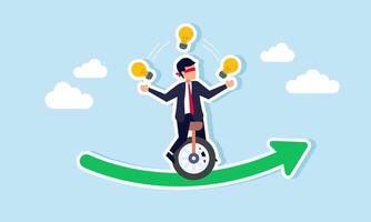 A businessman performing a circus act on a rising green graph by ride a unicycle blindfolded while juggling light bulbs, illustration of risks taken to generate ideas to increase revenue vector