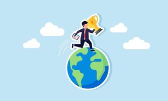 A businessman running around the globe carrying a trophy and a work board, illustration of plans to become a global business leader targeting a leading company vector