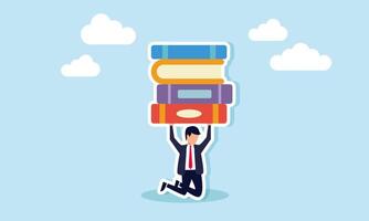 A businessman lifting a heavy stack of books, illustration of an overwhelming business project report burden. Illustration for your presentation and article vector