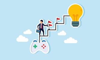 A businessman holding a flag climbing a ladder that connects a joystick to a light, with a flag on each step, illustration of a business game to implement ideas and innovations vector