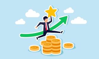 A businessman jumping over a stack of coins in front of a rising green graph while holding a star, illustration of the importance of business quality in increasing profit and revenue. vector