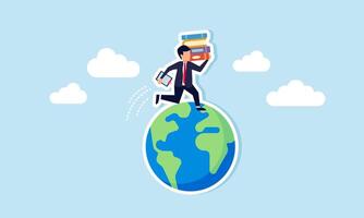 A businessman running around the globe carrying a stack of books and a work board, illustration of plans to become a global business player through research and business studies vector