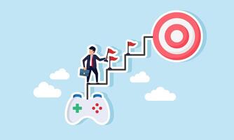 A businessman holding a flag climbing a ladder that connects a joystick to a target board, with a flag on each step, illustration of a business game to achieve business targets vector
