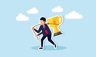 A businessman carrying a trophy on his back, tied with a rope, illustration of responsibility in maintaining the status of a leading company vector