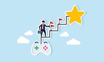 A businessman holding a flag climbing a ladder that connects a joystick to a star, with a flag on each step, illustration of a business game to improve business quality vector