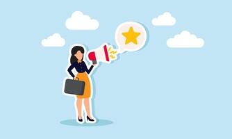 A businesswoman speaking loudly with a megaphone, creating a dialogue labeled with a star, illustration of promotion, education, or awareness about improving business quality vector
