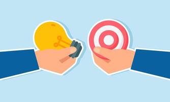 Two hands intending to exchange items, the first hand holds a lamp and the second holds a target board, illustration of an idea for business target efficiency and effectiveness vector