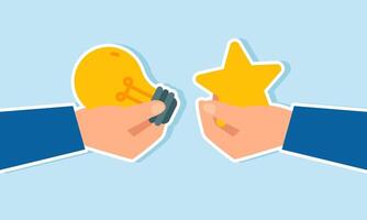 Two hands intending to exchange items, the first hand holds a lamp and the second holds a star, illustration of an idea to improve business quality vector