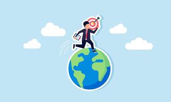 A businessman running around the globe carrying a target board and a work board, illustration of plans to become a global business player with big targets vector