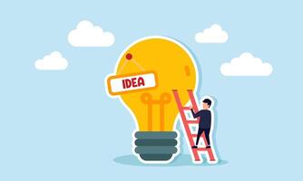 A businessman trying to climb a light bulb labeled IDEA using a ladder, illustration of efforts to generate ideas for business innovation. Illustration for your presentation and article vector