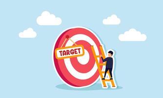 A businessman trying to climb a target board labeled TARGET using a ladder, illustration of efforts to achieve business targets. Illustration for your presentation and article vector