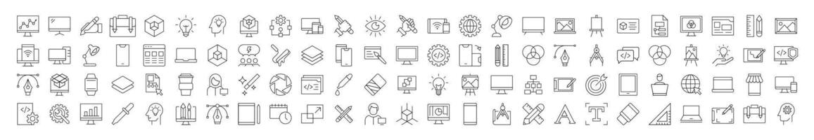Collection of Signs of programming, coding, web design, engineering. Suitable for books, stores, shops. Editable stroke in minimalistic outline style. Symbol for design vector