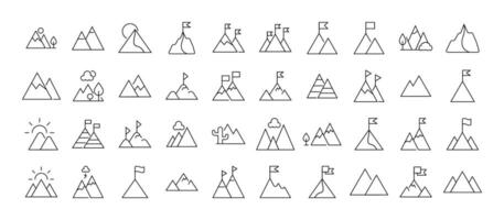 Collection of Line Icons of mountains as symbol of travel and hiking for Adverts. Suitable for books, stores, shops. Editable stroke in minimalistic outline style. Symbol for design vector