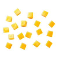Sliced mango cubes isolated on a transparent background showcasing vibrant tropical fruit for culinary and design projects png