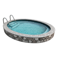 Sculpted oval pool with water, stone border, and handrails on a transparent background png