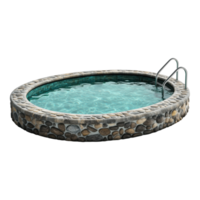 Elegant sculpted oval pool with water and stone border featuring a hand railing, presented on a transparent background for versatile use in design projects. png