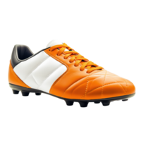 Vibrant orange and white soccer shoe with detailed stitching on a transparent background png