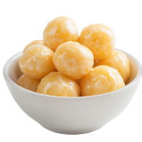 Brie's cheese balls in a bowl on a transparent background showcasing a delicious dish with smooth texture and appetizing golden color png