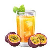 Refreshing glass of passion fruit juice with ice cubes and fresh leaves png