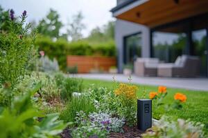 Smart sensor that measures moisture and acidity levels of soil in your backyard garden. Generated by artificial intelligence photo