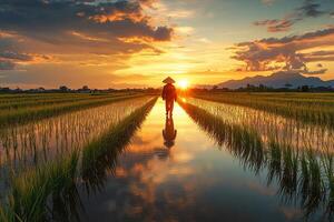A field of rice seedlings is covered with water. A farmer walks through the rice field in the soft light of the sun. Generated by artificial intelligence photo
