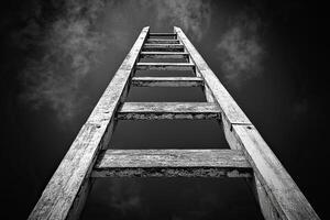Black and white image of a wooden staircase leading high into the sky. Generated by artificial intelligence photo