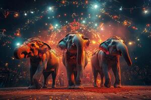 Three huge Indian elephants at a circus show. Circus arena with lighting. Generated by artificial intelligence photo
