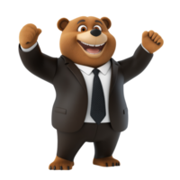 Cartoon brown bear in a business suit cheering with a joyful expression on a transparent background png