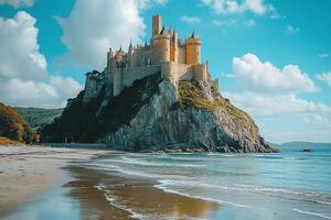 An ancient castle fortress on the top of a cliff on the seashore. Generated by artificial intelligence photo
